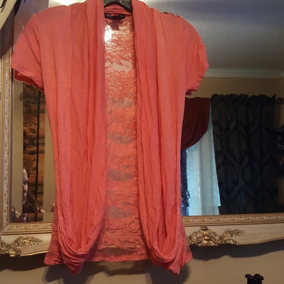 American Dream Sweaters - S Bright Pink Orange Lace Back Shrug